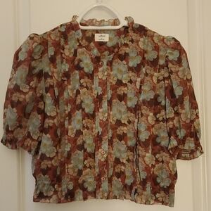 Wilfred Brown and Green Pleated Blouse with Mandarin Collar